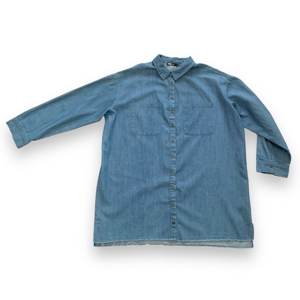 INA Shirt Womens Large Blue Chambray Button Down Long Sleeve Tunic Collared‎ NWT